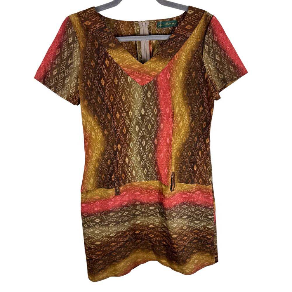 Jojo Martinez Diamond Pattern Colorful Short Sleeve V-Neck Tunic Mini Dress Sz S